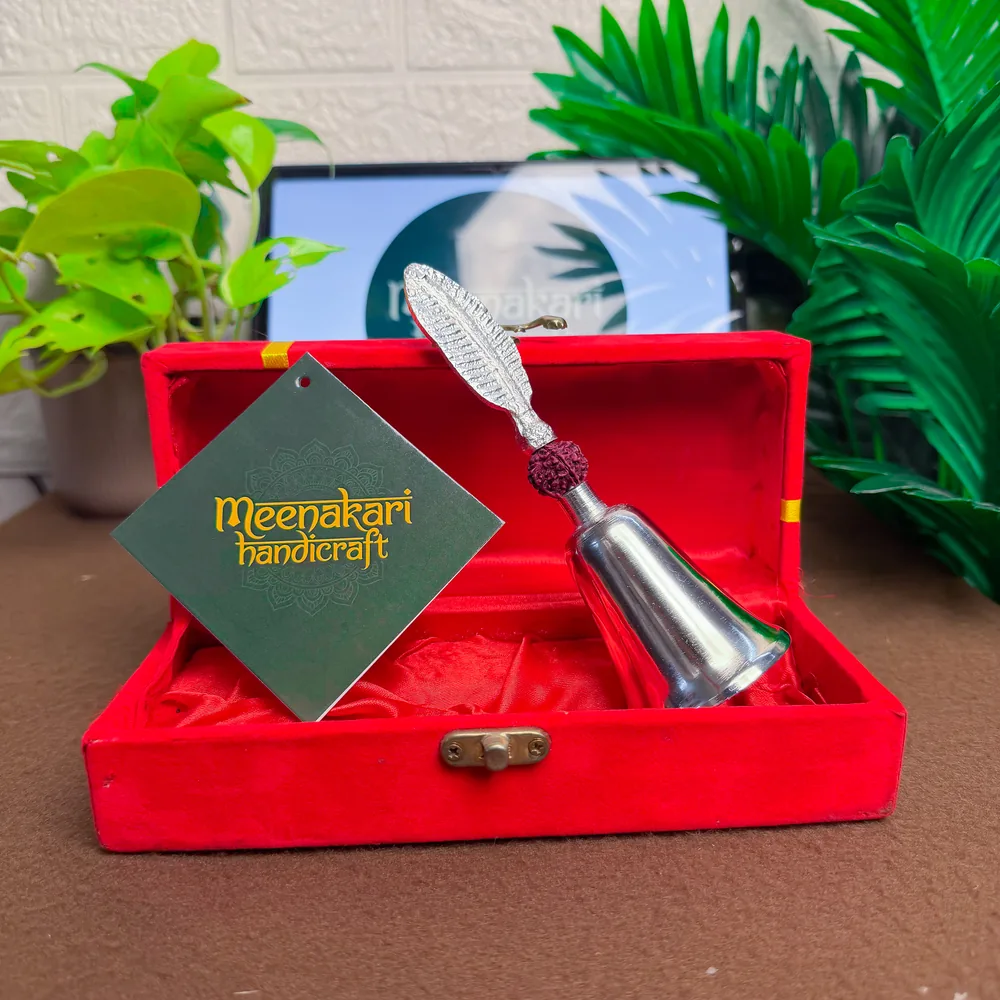 German silver pooja aarti bell with feather handle and rudraksha in red gift box — Meenakari Handicrafts