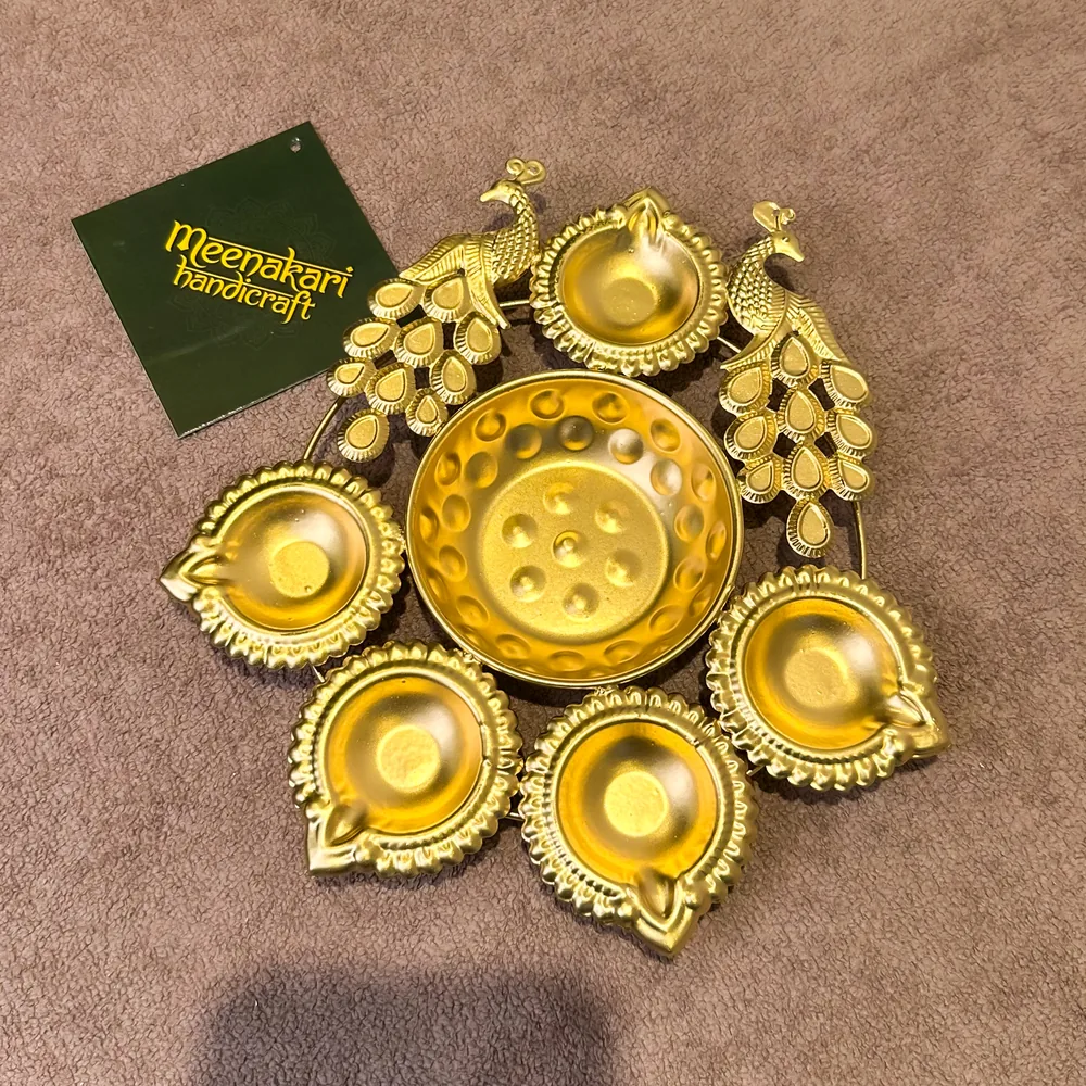 Gold peacock urli and diya set with six diyas — Meenakari Handicrafts Moradabad